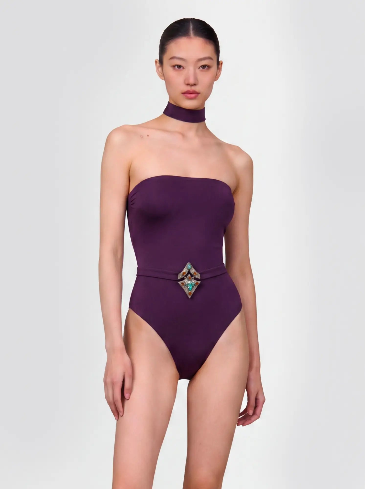 SOLKAI Hecate | bordeaux Italian one-piece swimsuit, front view with Kuchi pendant